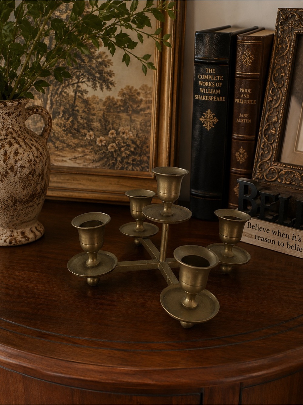 Vintage Brass Five Arm Candelabra Mid Century Modern Candle Holder Decor